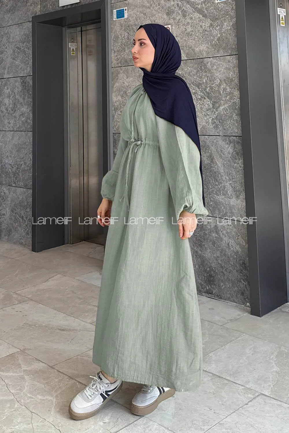Lamelif Balon Kol Bağlamalı Tesettür Elbise Çağla Yeşili - 2
