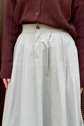 Lamelif Cep Detaylı Kloş Keten Etek Mint Yeşili